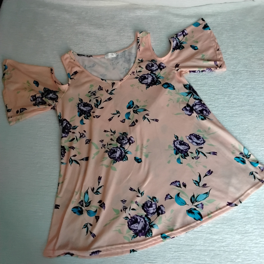 Elegant Floral Cold Shoulder Blouse - Peach and Purple